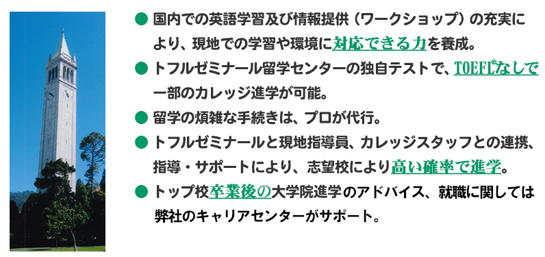 「対応できる力」を養成。独自テストの実施。手続き代行。現地との連携による高い進学率。卒業後のサポート。